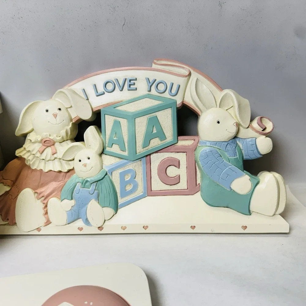 Vintage Homco Wall Hanging Mirror and Shelf Set I Love You Bunnies Balloons 7613